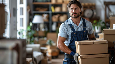 Moving. A professional moving company is carrying boxes on his hand truck in the living room, wearing blue overalls and a white shirtの素材