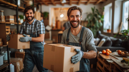 moving. A smiling man wearing overalls is carrying moving boxes in his hands, while another handsome guy stands behind him and smiles at the camera during their house move. The living roomの素材