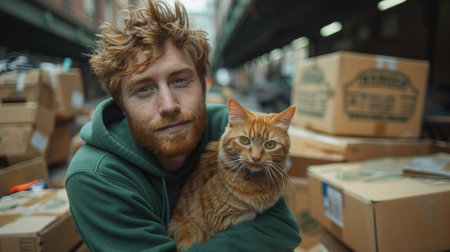 Moving. young man with ginger hair and beard wearing green hoodie is posing for camera while holding his orange cat in front of moving boxes inside an empty apartment.の素材