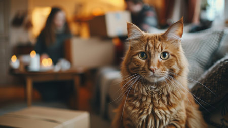 Moving, ginger cat sits on floor of apartment, looking at camera with blurred couple in background moving boxes from table to sofa.の素材