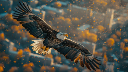 aerial photo. in the foreground is a bald eagle, viewed from above on its back. Below it, in the bokeh, is Manhattan. Realistic photo.の素材
