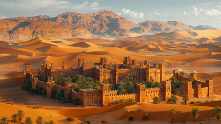 old Arab fortified city. in the background, a sandy desert with dunes rises above itの素材