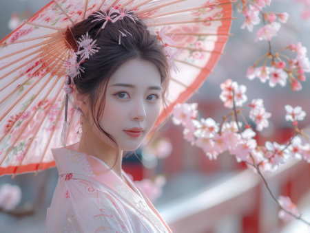 Asian beautiful Woman in white kimono under the Sakura Tree. Atmosphere Cherry blossom tree. Background Bridgeの素材