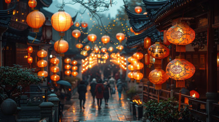 Chinese Lantern Festival. sense of tranquility and festivity pervades the atmosphere as people stroll through lantern-lit streets, enjoying vibrant displays and partaking in traditional festivities.の素材