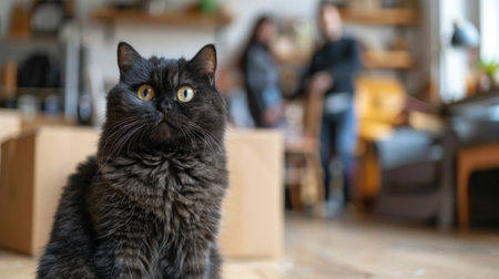 Moving. A black cat sitting on floor in front of box, focus is on his face with blurred out man and woman behind him moving furniture around in background, Moving to new apartment.の素材