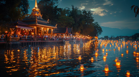 Loy Krathong Festival. A serene and spiritual ambiance fills the air as gather people around rivers, lakes, and canals to release their krathongs.の素材