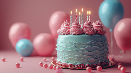Happy birthday. 3D pastel blue birthday cake with candles and balloons on pink background, in the minimalistic style, free space for text, high resolution photographyの素材
