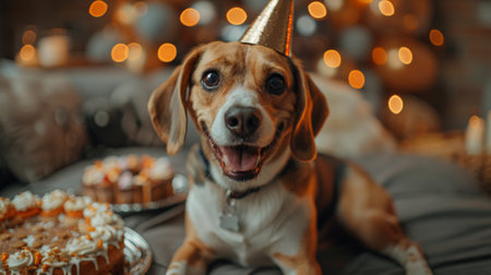Happy birthday. A beagle sitting on the sofa in front of which is an empty tray with birthday cake and party hat, birthday decorations around him, light living room in a wide shotの素材