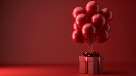Happy birthday. A gift box floating in the air, holding red balloons on it, against a solid color background. The background is a dark red with high contrast and a minimalist style.の素材