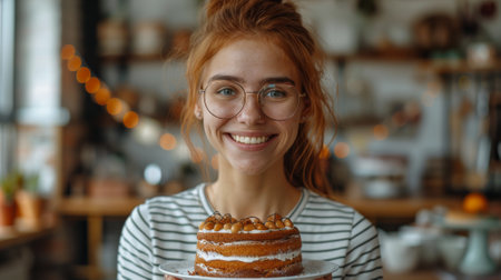 Happy birthday. A smiling woman with red hair and glasses wearing striped shirt holds out to camera a small birthday cake on the plate, in front of her there is table decorated for Birthday partyの素材