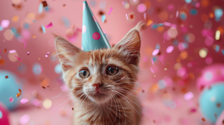 Happy birthday. ginger cat with party hat, birthday colors background, banner for social media post, photorealistic, detailed,の素材