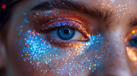 Happy birthday. The Colorful Extravaganza. female face adorned with party makeup or glitter, their expression conveying a sense of playful joy and excitement.の素材