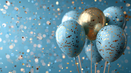 Happy birthday. 3D realistic blue balloons, golden and silver balloons flying on a light blue background with confetti in a birthday concept scene. All are in focus with brightnessの素材