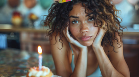 Happy birthday. A sad woman wearing a birthday hat sits at the kitchen table with her head in one hand, looking down on an empty cupcake and single lit candle.の素材