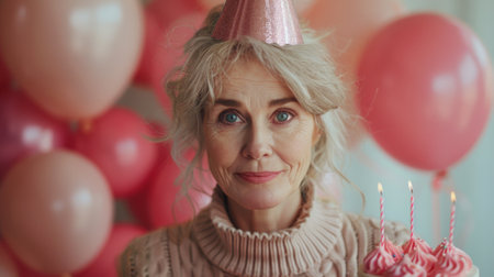 Happy birthday. Elderly woman wearing a party hat and holding a birthday cake and pink balloons against a pastel colored background, in the style of a commercial photo.の素材
