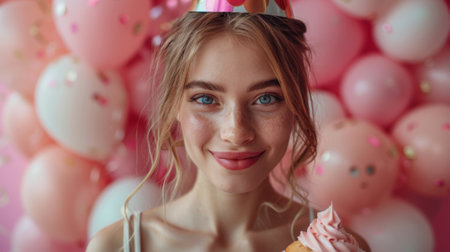 Happy birthday. Happy young woman holding balloon and cupcake on a pink background with copy space, wearing a birthday hat and holding foil balloons in her hand, looking at the cameraの素材