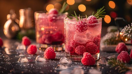 Winter season. Christmas pink drink raspberry with rosemary and ice -の素材
