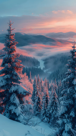 Winter season. Panorama of the foggy winter landscape in the mountains in sunset light, Christmas holiday postcard collage.の素材