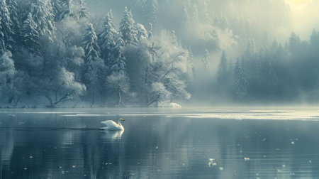 Winter season. The Legendary Winter Creatures. A scene of the winter spirit gliding across a frozen lake, their presence transforming the surroundings into a winter wonderland.の素材