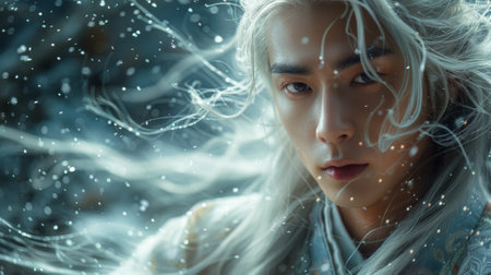 Winter season. A portrait of young man with long white hair and white kimono on flowing ice background, fantasy or magic concept. A whimsical winter wonderlandの素材