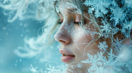 Winter season. Fantastic female portrait with abstract background. Winter beauty. Snow queen. Misty landscapeの素材