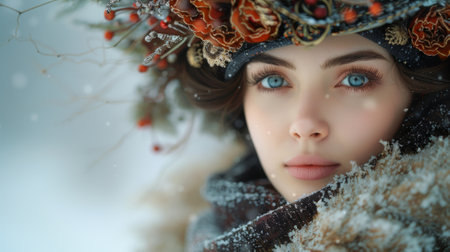 Winter season. Misty landscape. Mystical woman with ornate headpiece in snowy forest. Enchanting winter fantasy. Pagan Christmas and New Year concept.の素材