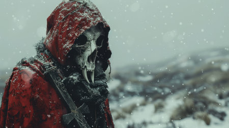 Winter season. Shaman wearing in horn animal skull and red cloak on blurred winter landscape. Mystical ritual of death. Sacred objects for ancient pagan rites. Slavic or Scandinavian culture ritualの素材