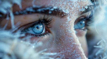 Winter season. The Legendary Winter Creatures. A close-up shot of the winter spirit's eyes, their icy blue depths reflecting the beauty and serenity of the winter landscape.の素材