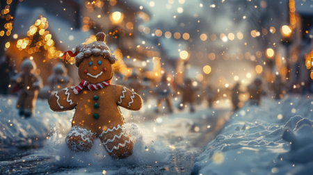 Winter season. The Legendary Winter Creatures. A scene of a gingerbread man running through a gingerbread village, chased by a group of children eager to enjoy its deliciousness. --ar 16:9 --style raw --stylize 700 Job ID: e27d8945-7414-4378-abde-a8da2a242b0fの素材