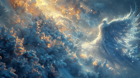 Winter season. The Legendary Winter Creatures .A scene of a winter fairy fluttering through a snow-covered forest, her touch transforming ordinary objects into sparkling ice sculpturesの素材