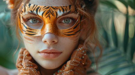 quadrobics. A girl wearing an tiger mask and holding hand gloves poses for the camera outdoors in summer, with a park green background.の素材