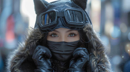 quadrobics. Adolescent female in feline disguise and hand coverings participating in Quadrobics. wide angle, downtown backgroundの素材