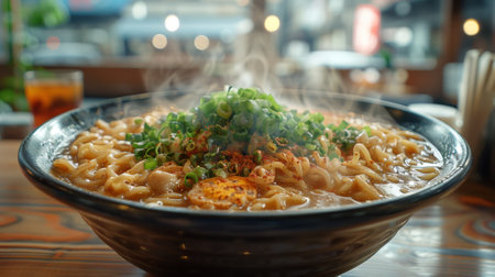 A bowl of steaming ramen stands on a table in a Japanese cafe.の素材