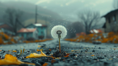 cinematic photo. a dandelion breaks through the concrete in the middle of the road.の素材