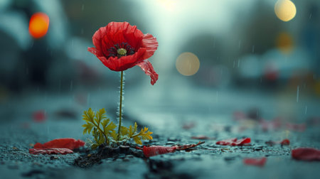 cinematic photo. a poppy breaks through the concrete in the middle of the road. summer. The remembrance poppy. Remembrance Day - Lest We Forgetの素材