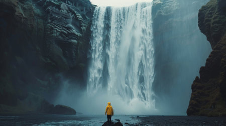 Beautiful waterfall in Iceland waterfall, a man standing under the majestic waterfall. A sense of scale and size is conveyed. A low angle shot was takenの素材
