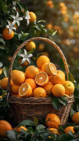 harvest of oranges in a basket in the garden. realistic photo wicker basket with ripe oranges, plantations of orange trees to the horizon, on background of branches of orange trees, sunny dayの素材