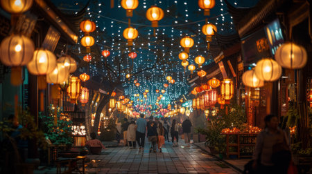 Chinese Lantern Festival. sense of tranquility and festivity pervades the atmosphere as people stroll through the lantern-lit streets, enjoying vibrant displays and partaking in traditional festivities.の素材