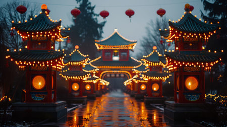 Chinese Lantern Festival. The gentle glow of the lanterns casts a warm and inviting light, creating a magical and dreamlike ambiance.の素材
