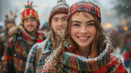 Scottish Hogmanay Festival. Many people don traditional Scottish attire, such as kilts and tartan scarves, embracing the cultural spirit of the occasion and adding a splash of color to the festivities.の素材