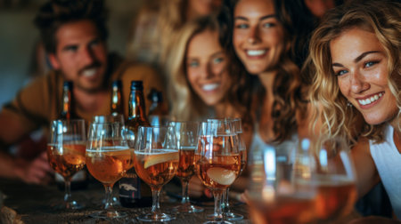 group of cider enthusiasts, eager to explore diverse flavors and stories behind each craft cider. Their faces reflect anticipation as they gather around table laden with glasses and bottles of cider.の素材