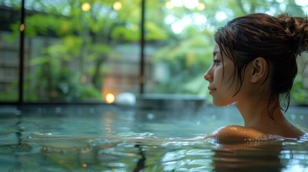 Japan. woman immerses themselves in the onsen experience, they embark on a journey of self-reflection, confronting personal challenges and rediscovering inner peace.の素材
