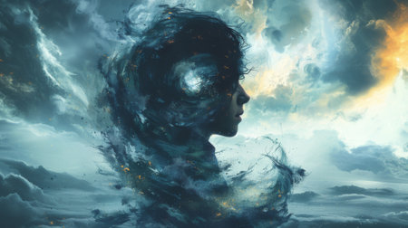 Mental Problem. Anxiety disorder. A person's head swirling with racing thoughts and worries, symbolizing the overwhelming and intrusive thoughts characteristic of anxiety disorder.の素材