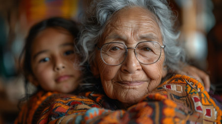 Hispanic Heritage Month. portrait of an elderly Hispanic woman sharing stories and traditions with her grandchildren, her wisdom and connection to the past generations bridging.の素材