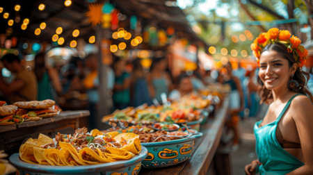 Hispanic Heritage Month. A lively scene of a Hispanic festival, with colorful decorations, traditional music and dance performances, and people enjoying delicious food and drinks.の素材