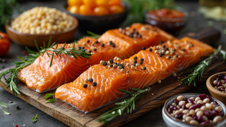 A variety of lean protein sources, such as grilled fish, chicken breast, and legumes, are displayed in a balanced and appealing manner, symbolizing the importance of protein for overall health.の素材