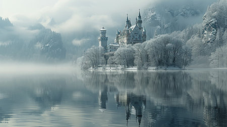 Winter season. Beautiful fantasy castle on a frozen lake, fantasy snow sceneryの素材