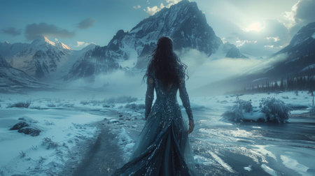 Winter season. A woman in a flowing ethereal gown, her movements mirroring the mesmerizing dance of the aurora borealis, amidst a breathtaking winter landscape.の素材