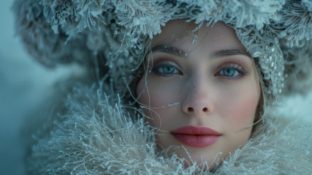 Winter season. Portrait of a woman with intricate headgear in a snowy scene conveying a fantasy feel. Misty landscapeの素材
