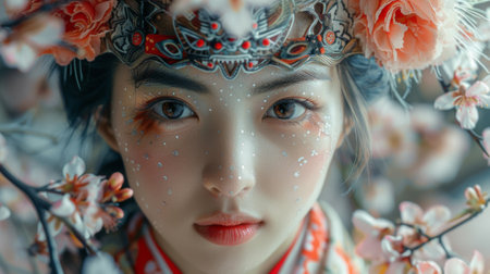 Mythical creatures. girl in kimono, the intricate patterns on her kitsune mask, and the delicate beauty of the cherry blossoms. Kitsune-themed featuring mystical fox spirits from Japanese folklore.の素材